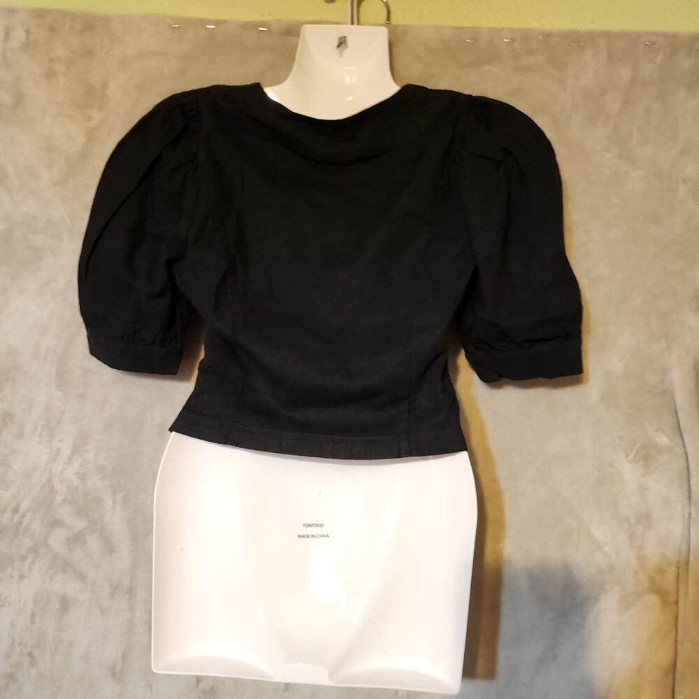 Anthropologie Black Puff Sleeve Scoop Neck & Ruche Detail Sz XXS Linen Top - Picture 7 of 9